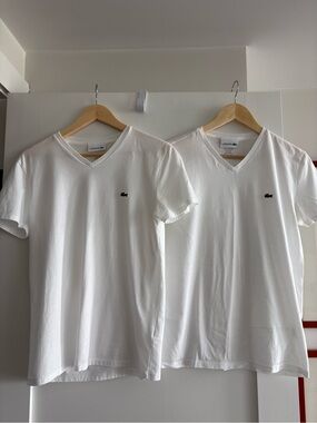 Two Lacoste White V-Neck Short Sleeve Tee with Small Crocodile Patch